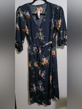 NWT Haute Monde Navy Floral Button Midi Dress Size M